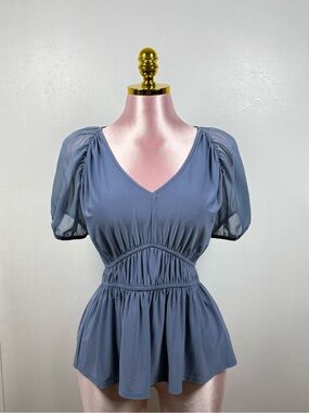 Ember Blue Peplum Top Women V Neck Sheer Puff Sleeve Size Small